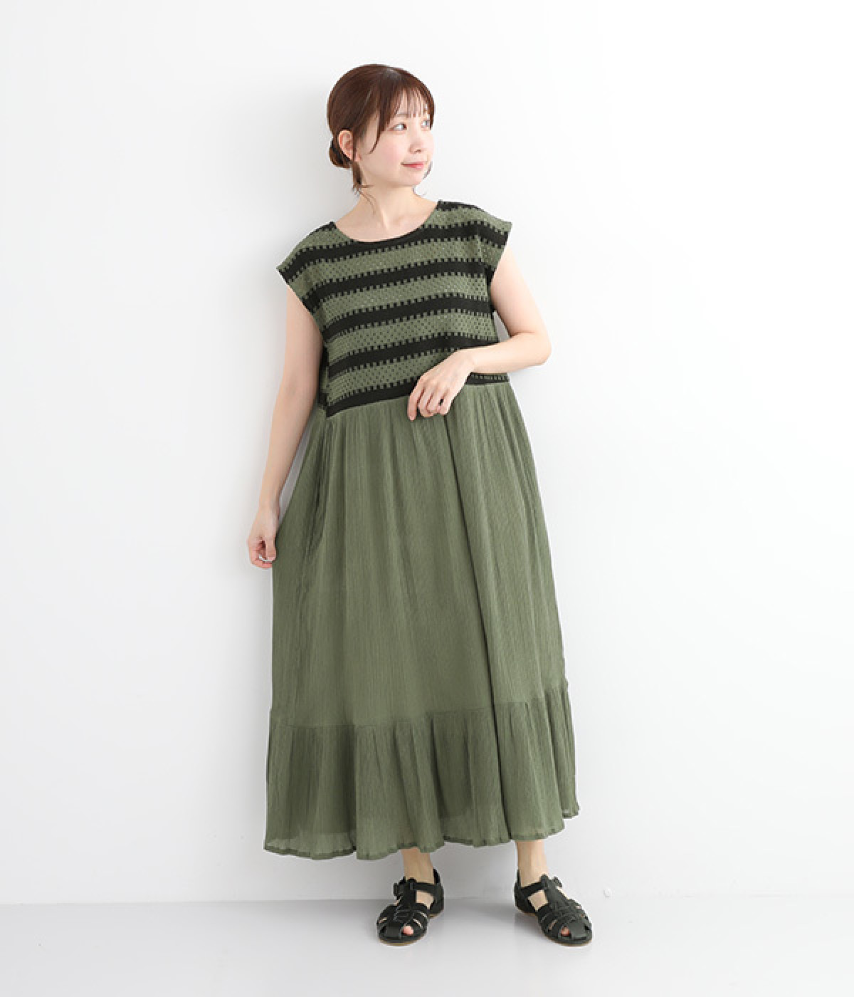 【Shanti Shanti】コットンクレープバイカラーレースワンピース(カーキ-ONESIZE)