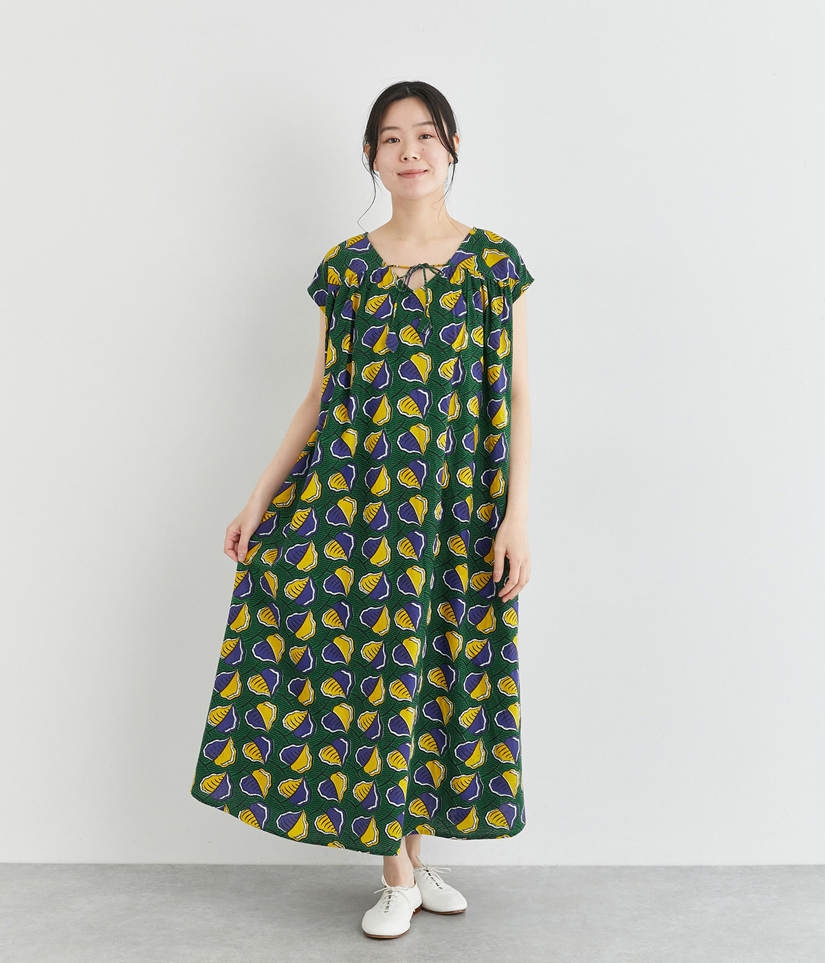 【Shanti Shanti】コットンシーチングアフリカン2wayワンピース(グリーン-ONESIZE)