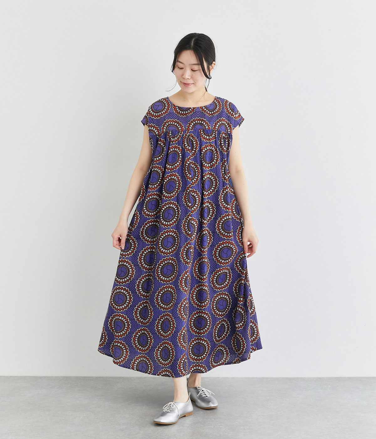 【Shanti Shanti】コットンシーチングアフリカン2wayワンピース(ブルー×オレンジ-ONESIZE)