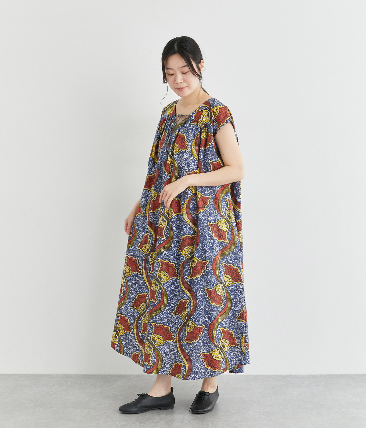【Shanti Shanti】コットンシーチングアフリカン2wayワンピース(ブルー×イエロー-ONESIZE)