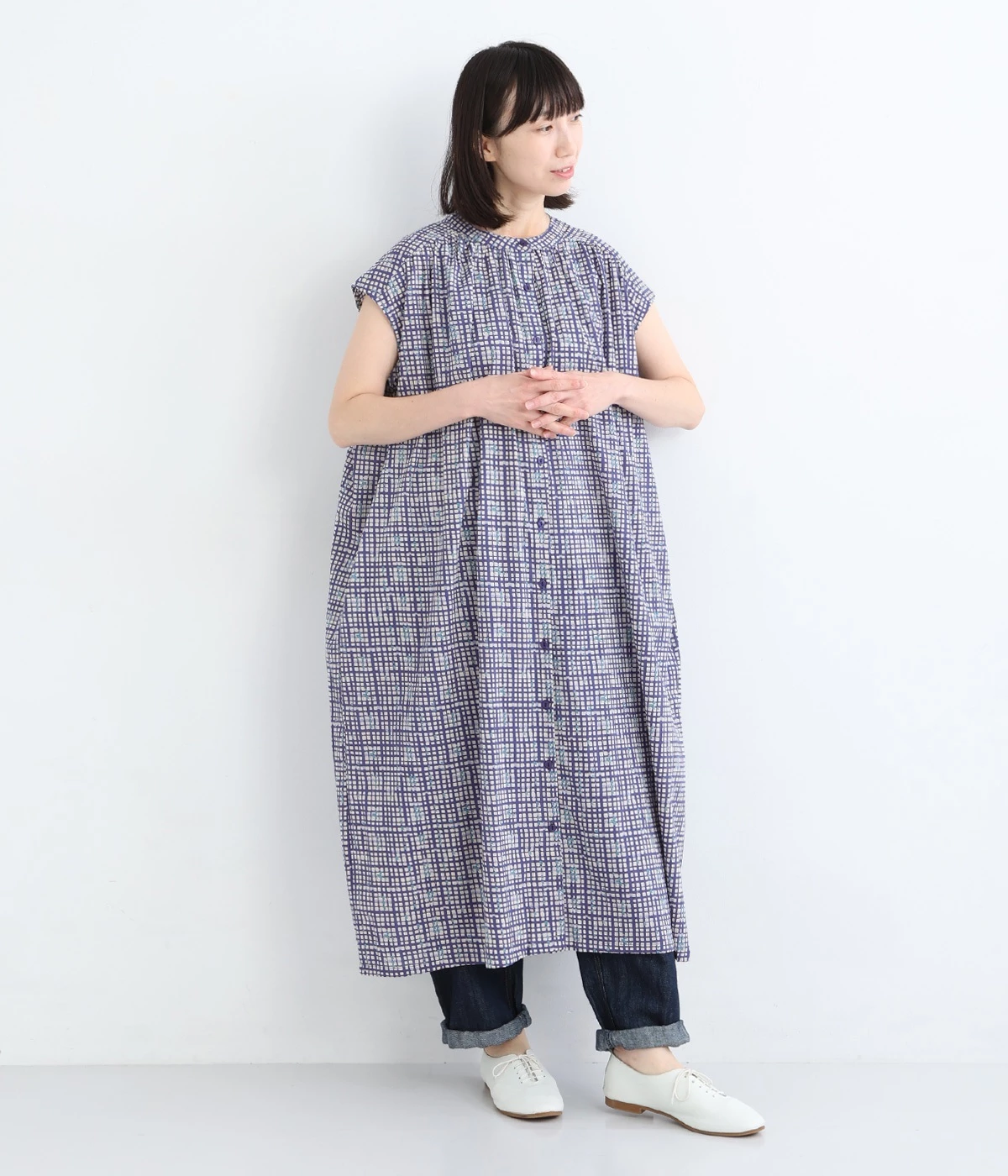 コットンキャンブリックチェックワンピース(ネイビー-ONESIZE)