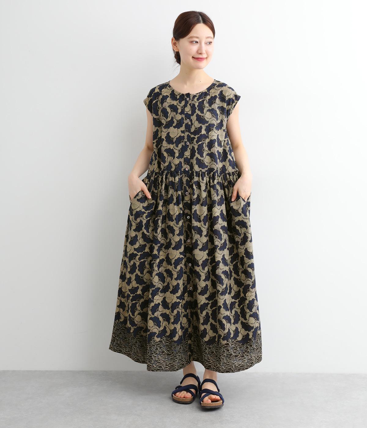 【Shanti Shanti】コットンシーチングキテンゲワンピース(ネイビー-ONESIZE)
