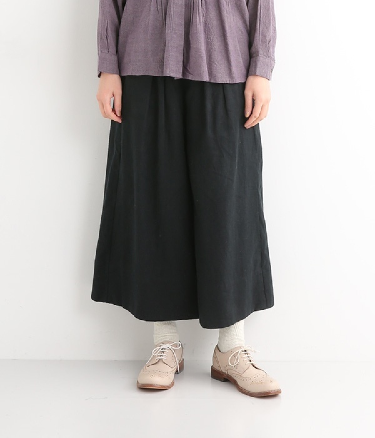 リネン100％起毛　タックワイドパンツ(ブラック-ONESIZE)