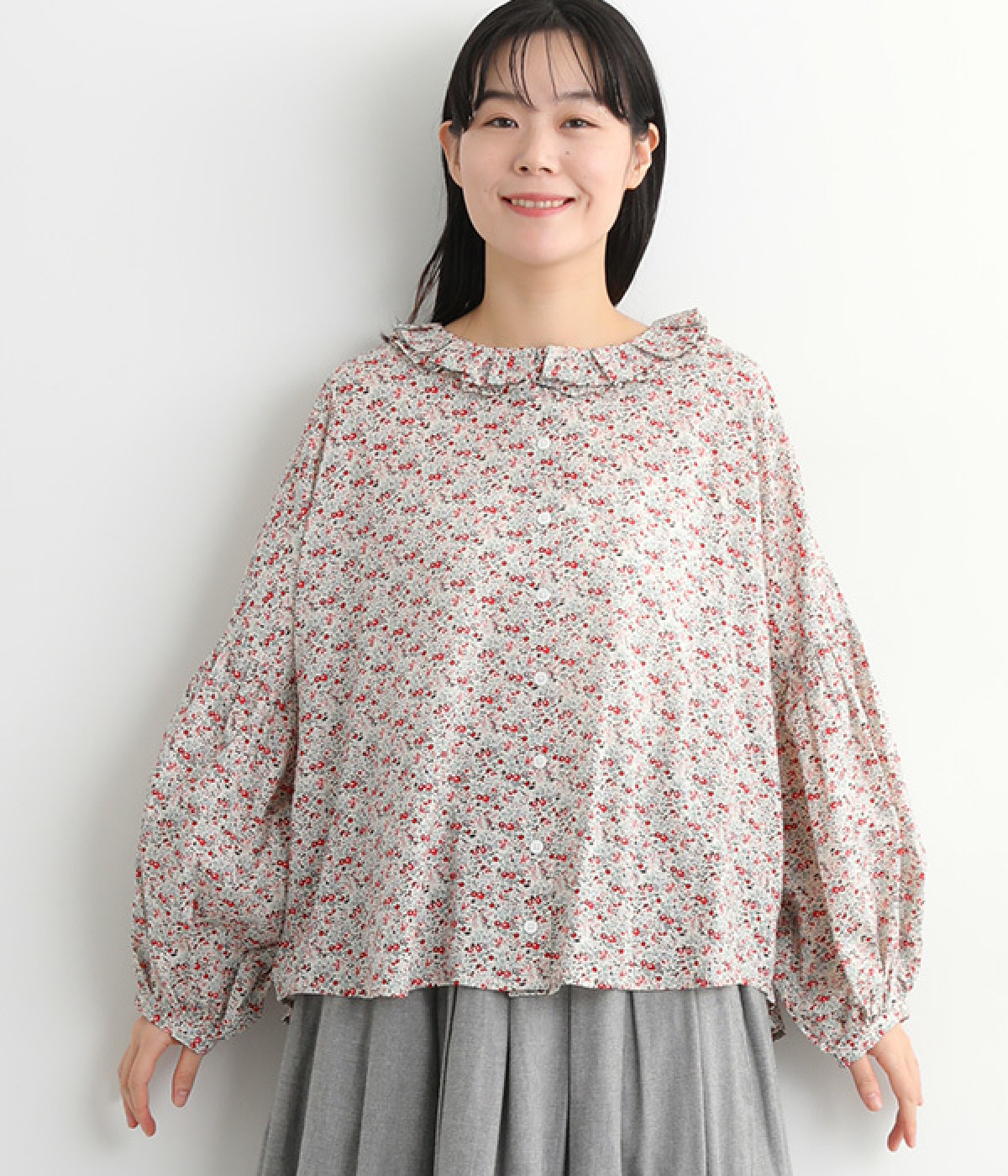 スプリンクルプリント 二枚襟バルーン袖ブラウス(レッド-ONESIZE)