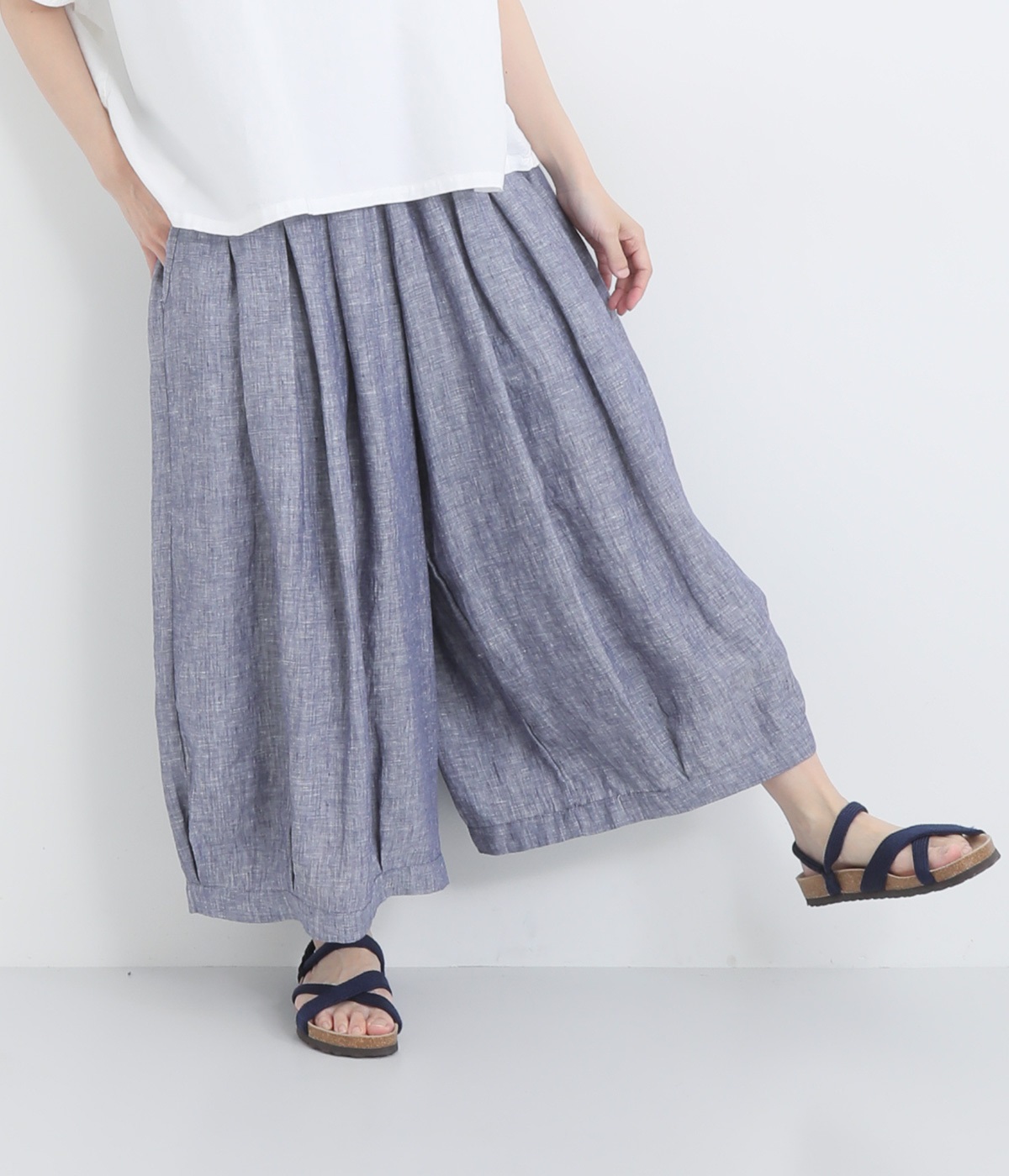 リネンシャンブレー無地裏付ボリュームパンツ(ネイビーシャンブレ―-ONESIZE)