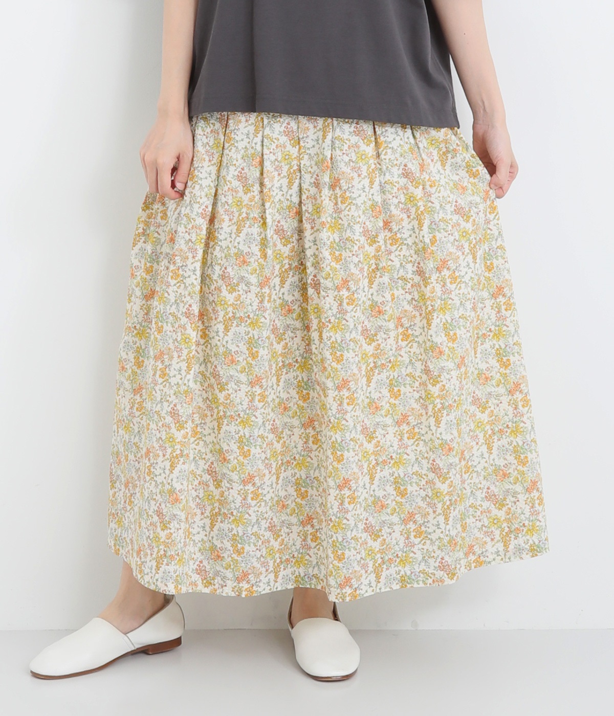 コットンミラクルウェーブ小花プリント裏付スカート(オフｘイエロー-ONESIZE)