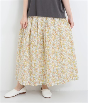 コットンミラクルウェーブ小花プリント裏付スカート(オフｘイエロー-ONESIZE)