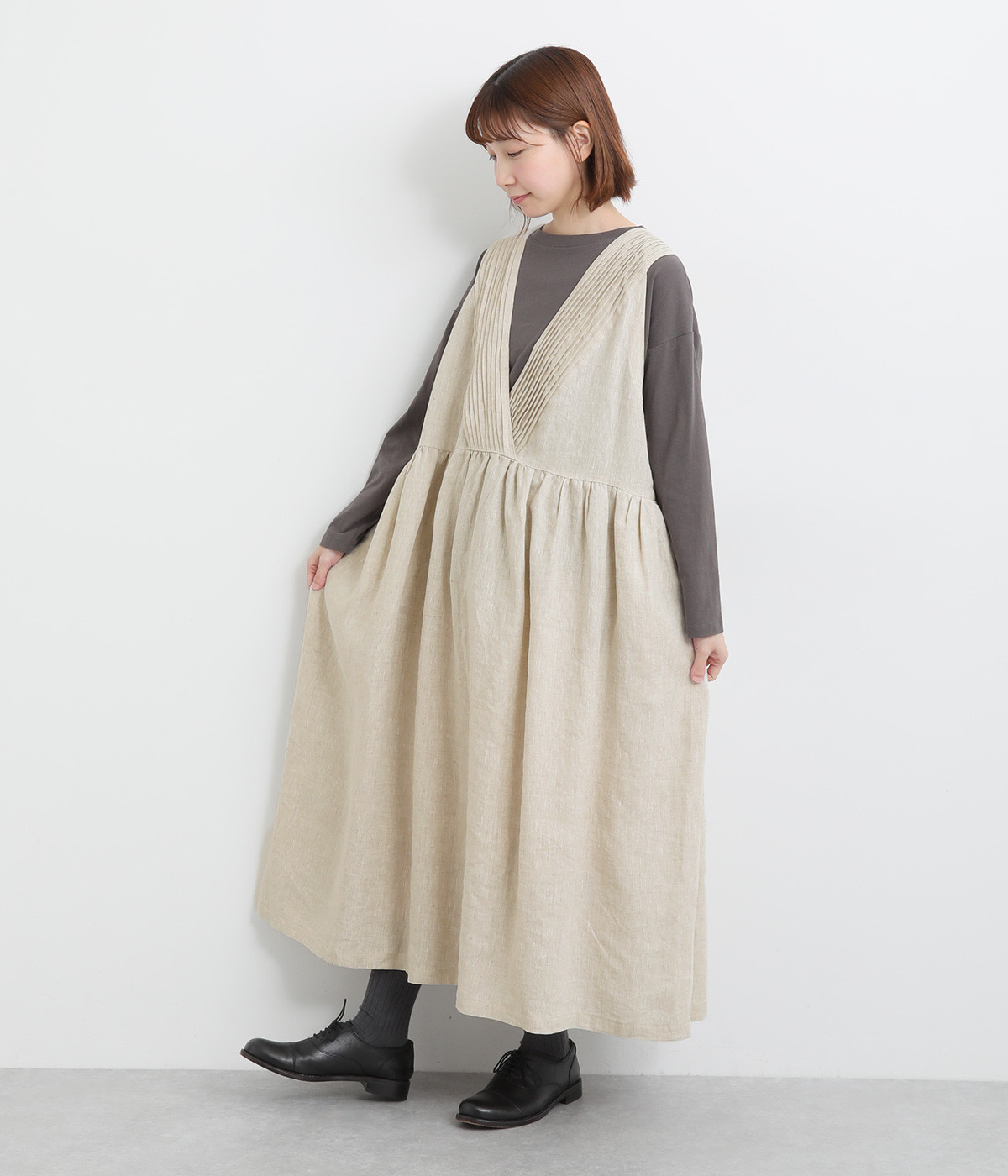 リネンVピンタック包み釦ギャザー2wayジャンパースカート(ナチュラル-ONESIZE)