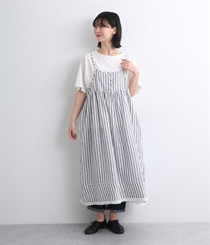 先染ストライプ裾ボーダーピンタック&胸・裾レースフリルギャザー2wayキャミワンピース(ブラックストライプ-ONESIZE)