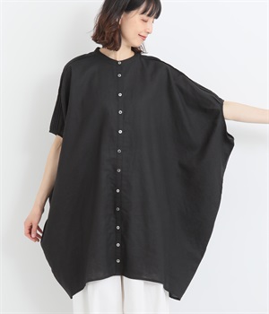 リネンバンドカラー肩線ピンタック加工本貝釦チュニック(ブラック-ONESIZE)