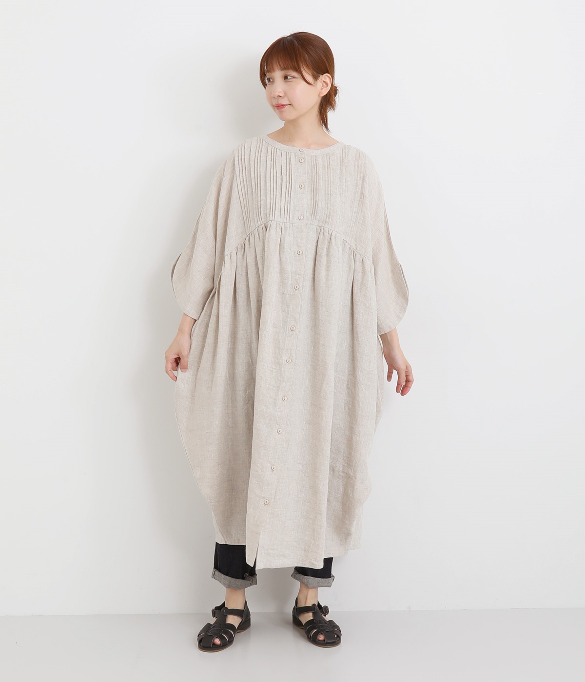 リネン　胸元多数ピンタック　コクーン半袖2wayワンピース(ナチュラル-ONESIZE)