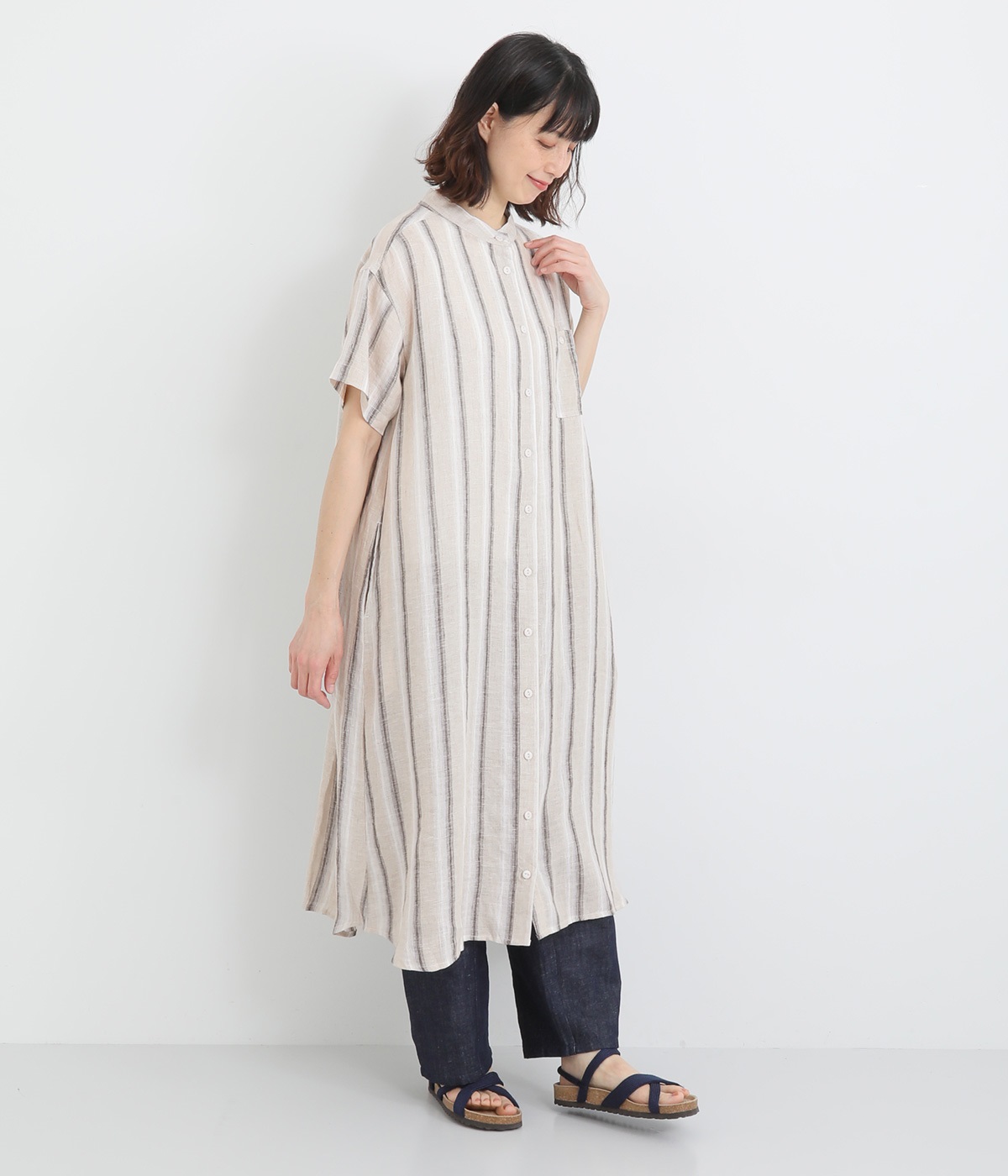 リネン先染イレギュラーストライプバンドカラーワンポケ半袖シャツワンピース(生成×グレー-ONESIZE)