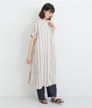 リネン先染イレギュラーストライプバンドカラーワンポケ半袖シャツワンピース(生成×グレー-ONESIZE)