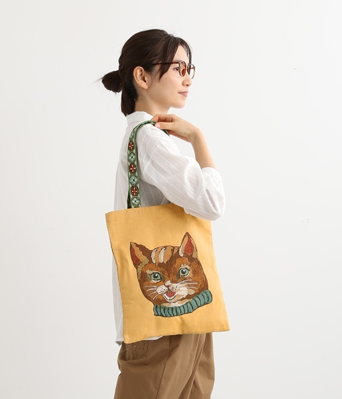 ナタリーレテ　アニマルフェイス　トートバッグ(ブラウンキャット　イエロー-ONESIZE)
