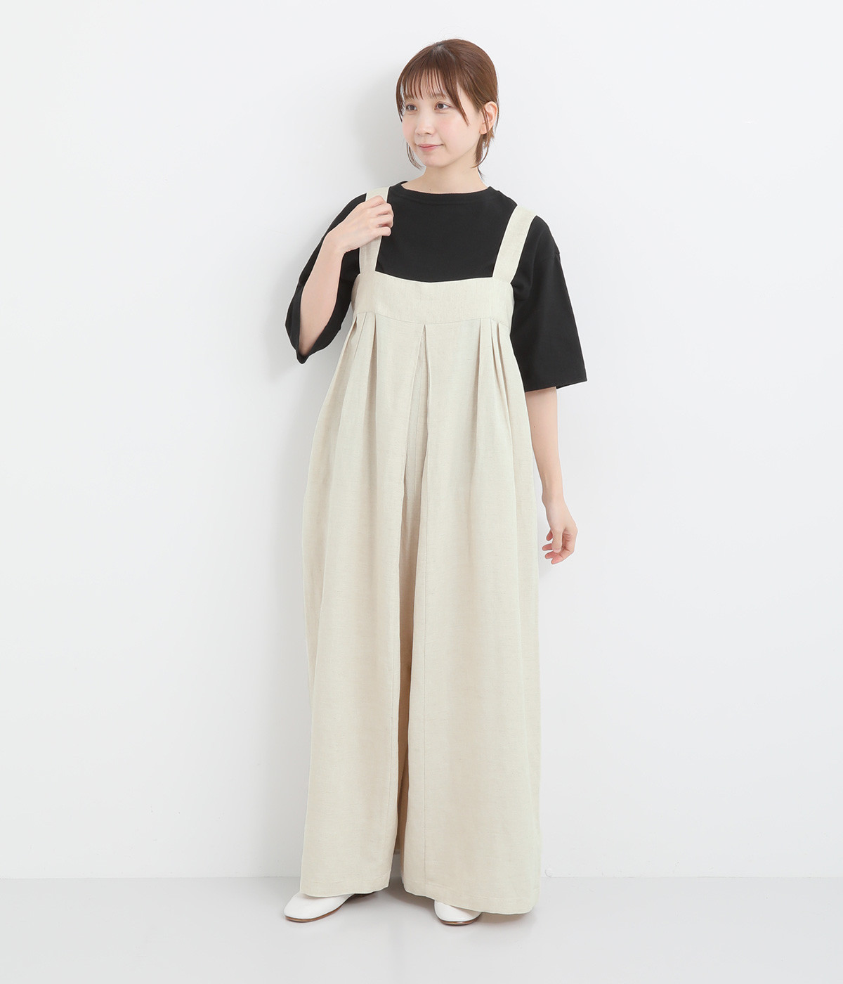 リネンレーヨン強撚平織り リネンレーヨンタックサロペット(リネンベージュ-ONESIZE)