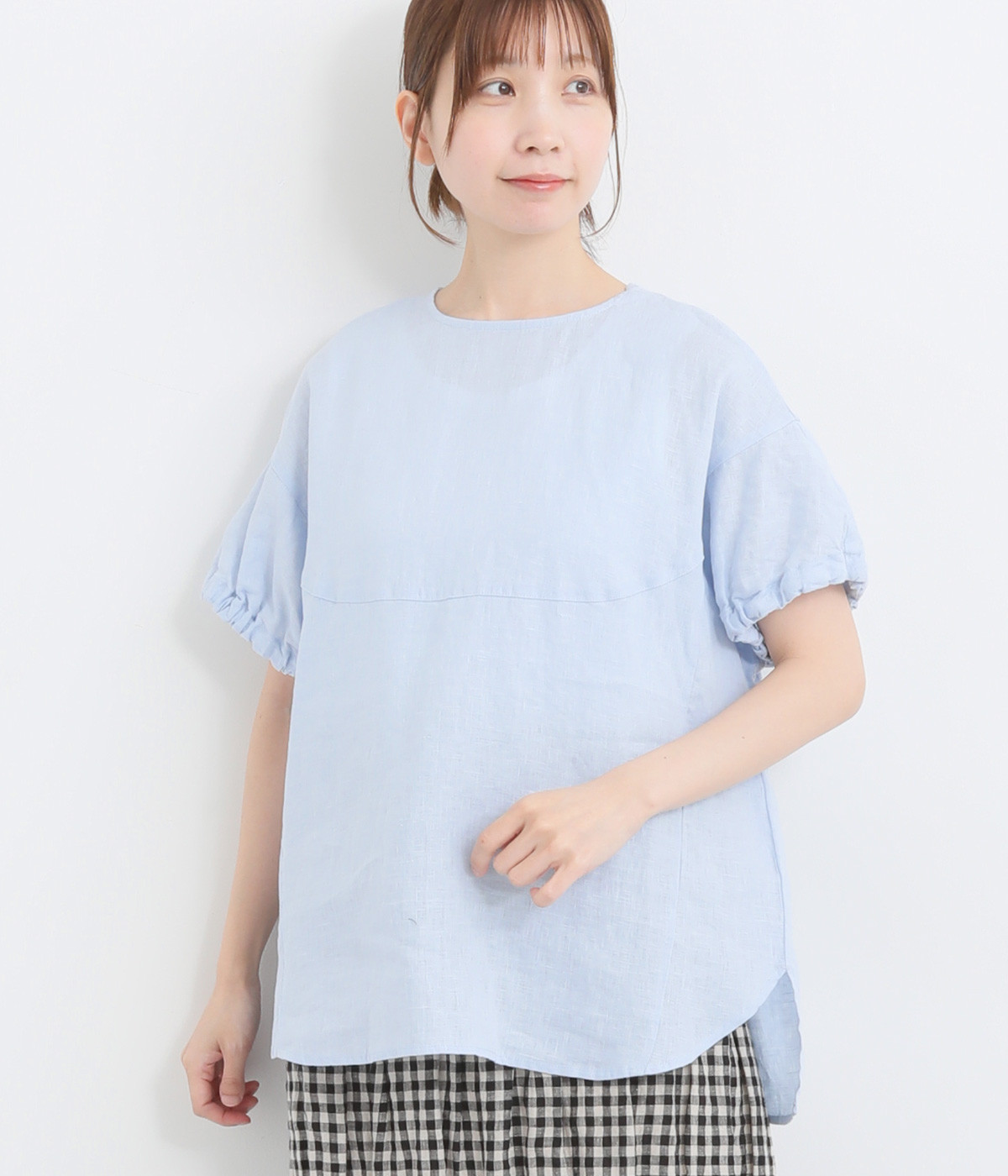 14番手フレンチリネン平織り ヨークキリカエブラウス(ライトブルー-ONESIZE)