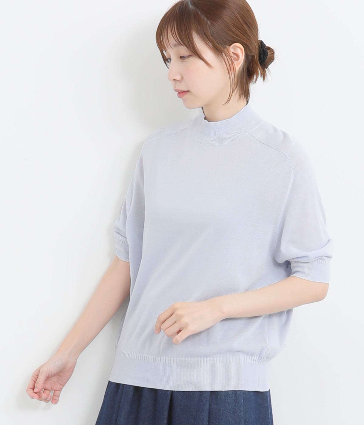 コットンテンセル強撚ストレート モックネックハーフスリーブプルオーバー(ライトブルー-ONESIZE)