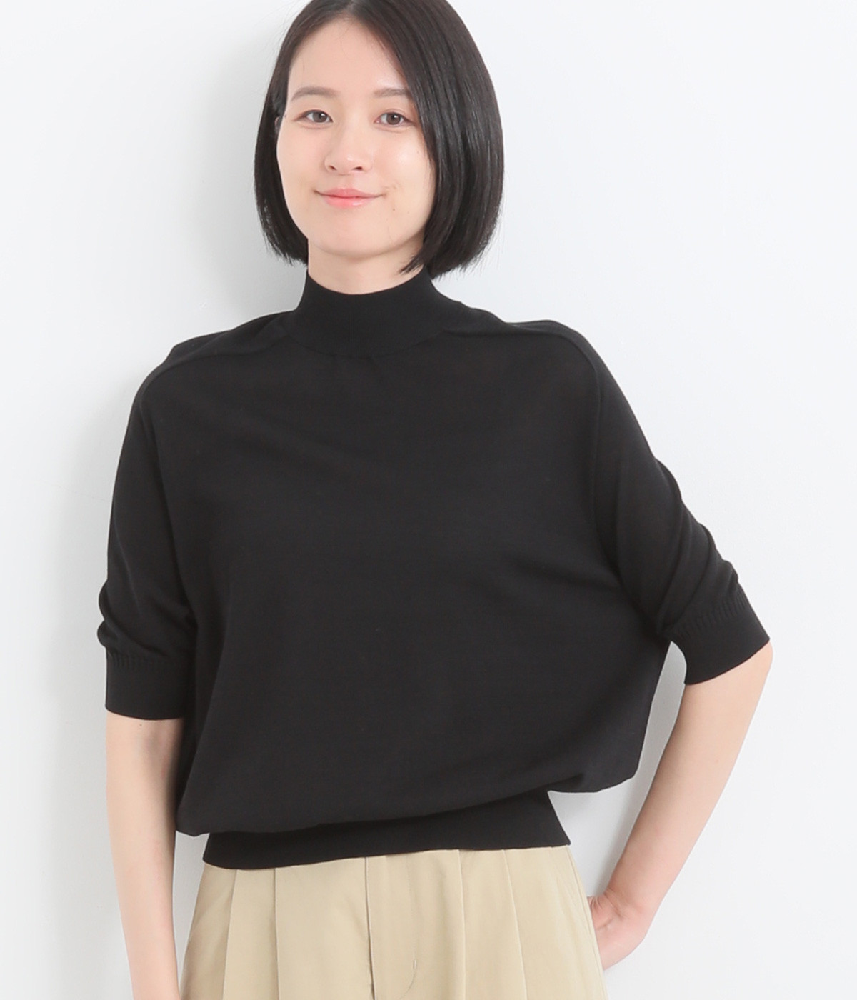 コットンテンセル強撚ストレート モックネックハーフスリーブプルオーバー(ブラック-ONESIZE)