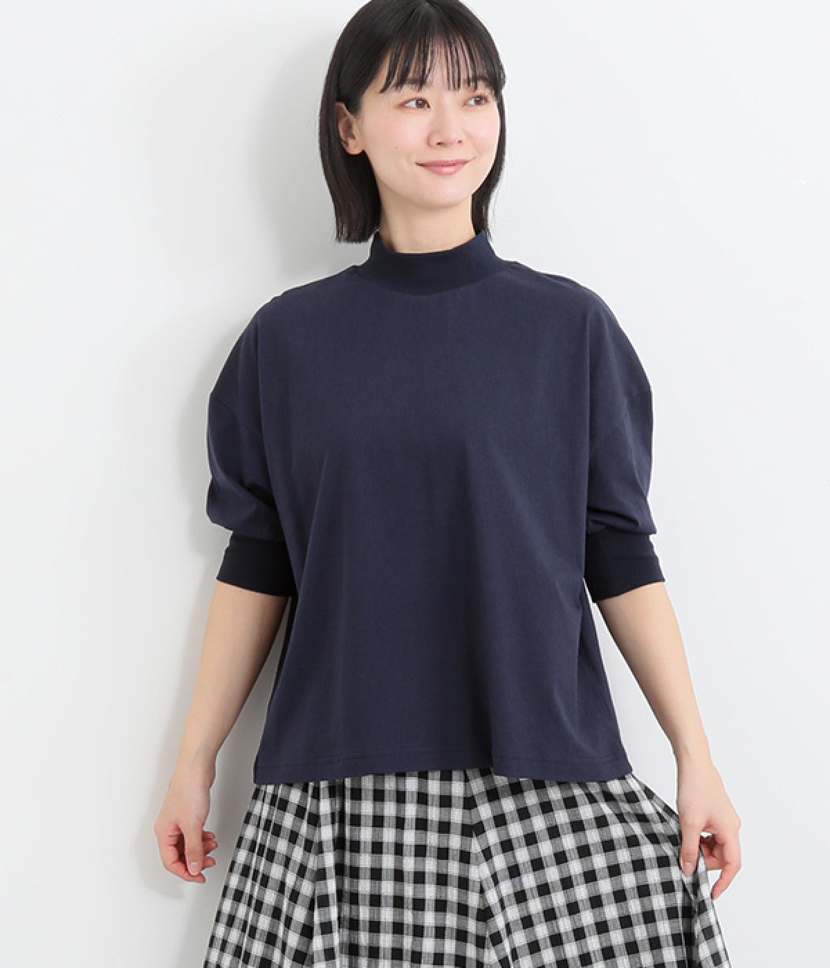 ハーフシルケット天竺 モックネックTシャツ(ネイビー-ONESIZE)