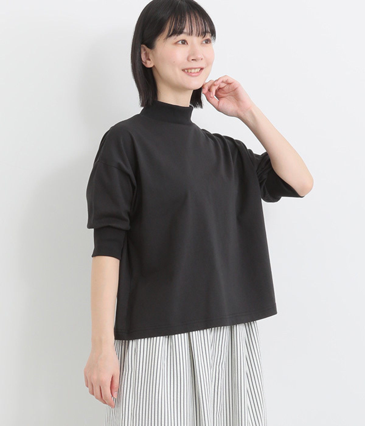 ハーフシルケット天竺 モックネックTシャツ(ブラック-ONESIZE)