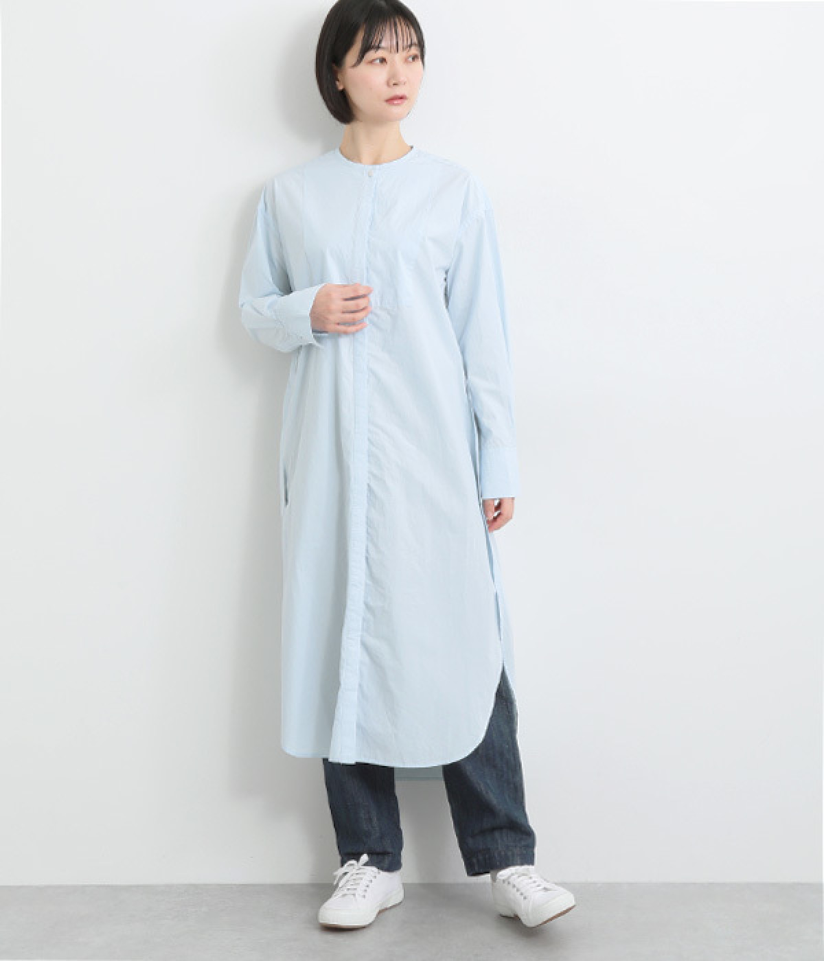 ノーカラーヨーク切替ワンピース(サックス-ONESIZE)