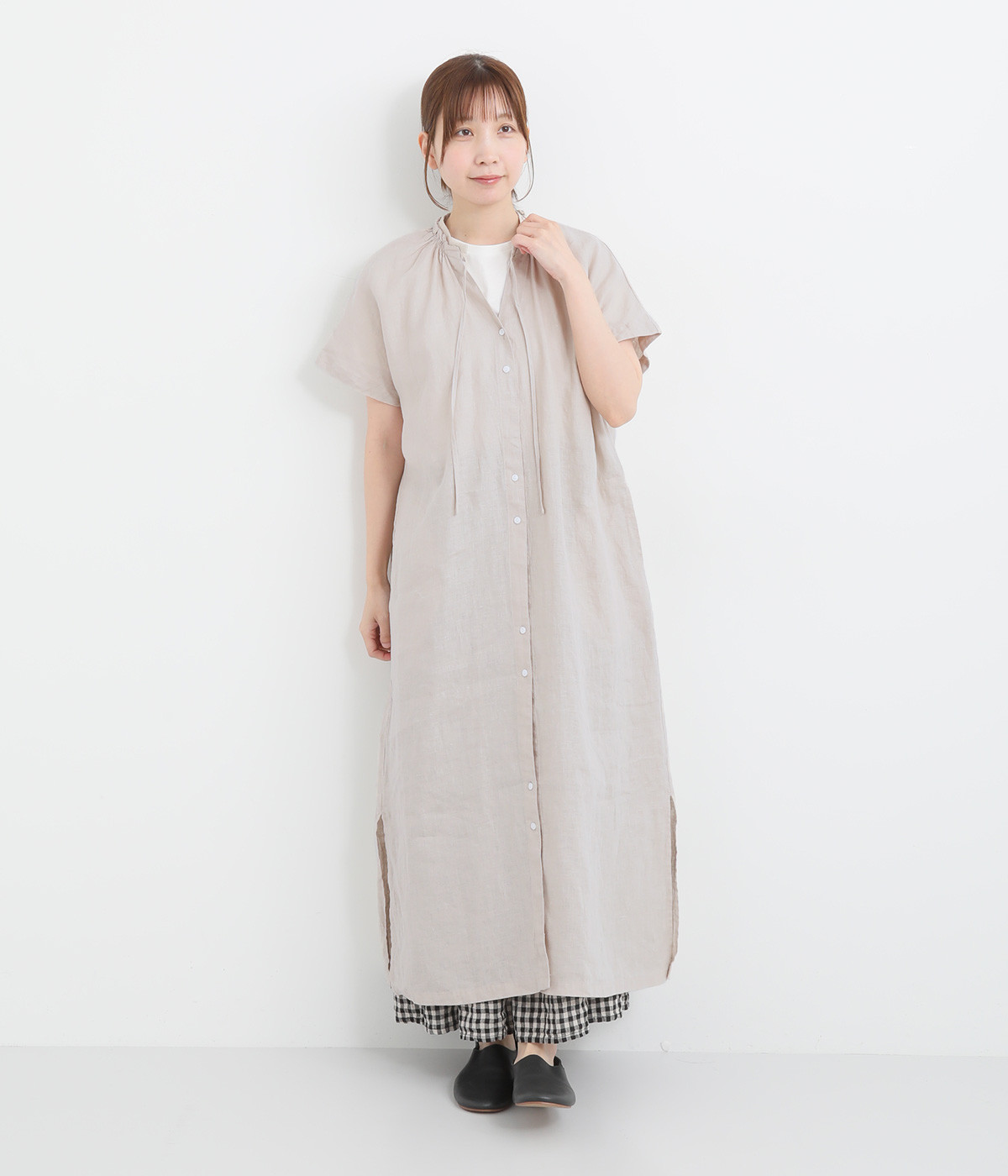 14番手フレンチリネン平織り リネンギャザーネックワンピース(リネンベージュ-ONESIZE)