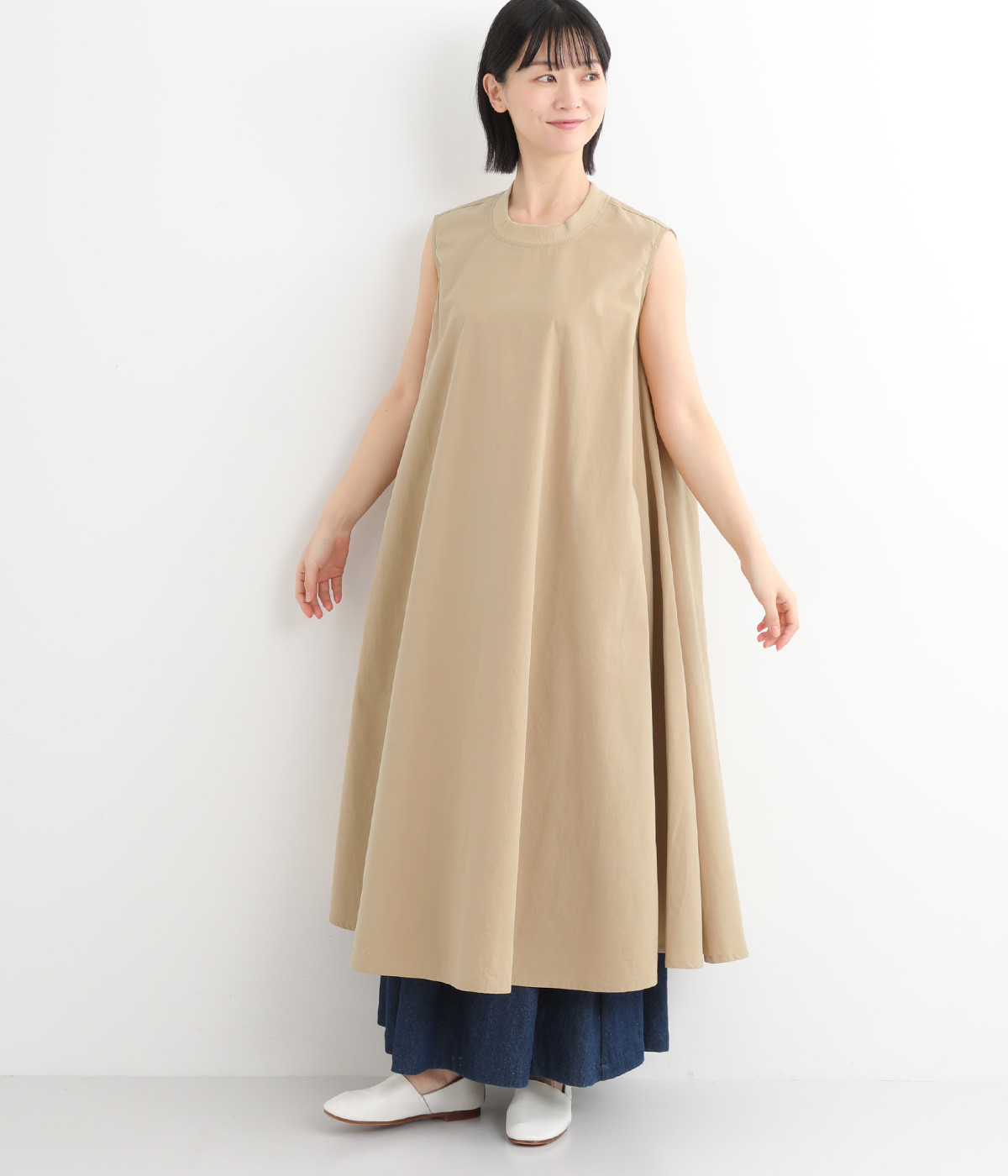 32高密コットンウォッシュド加工 リブカラーフレアーワンピース(ベージュ-ONESIZE)