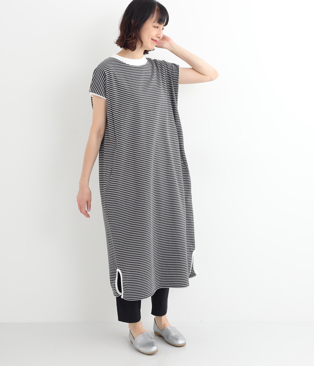 OE天竺ボーダー ワンピース(チャコール×オフホワイト-ONESIZE)