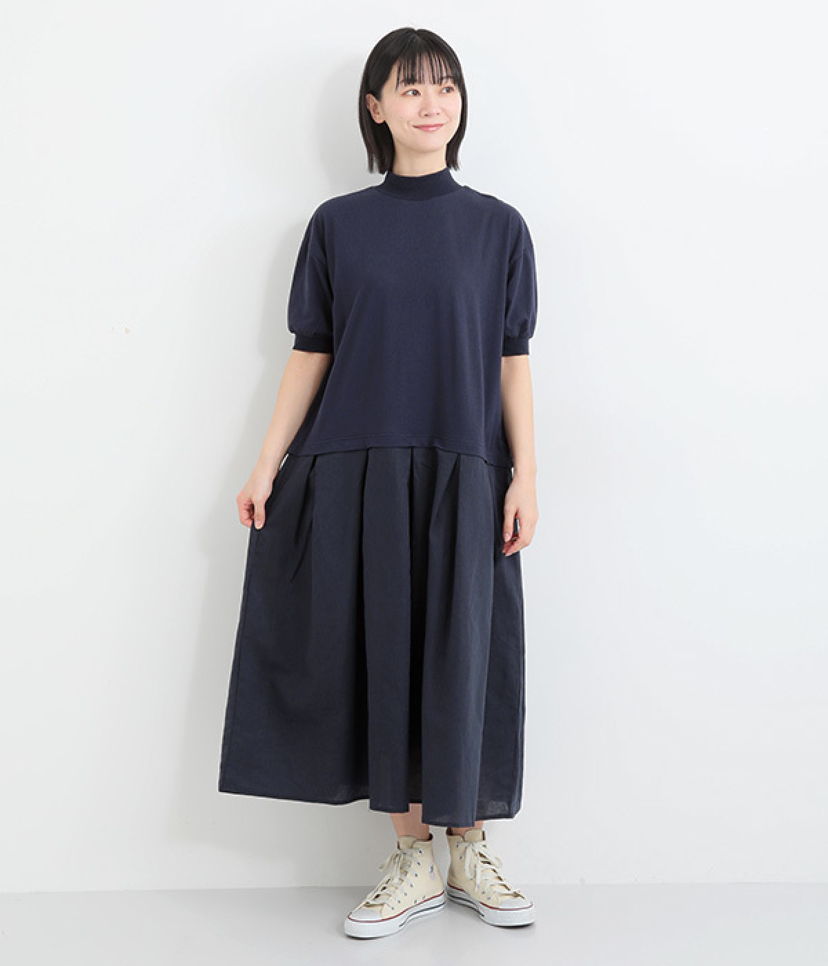 ハーフシルケット天竺布帛切り替えタックワンピース(ネイビー-ONESIZE)