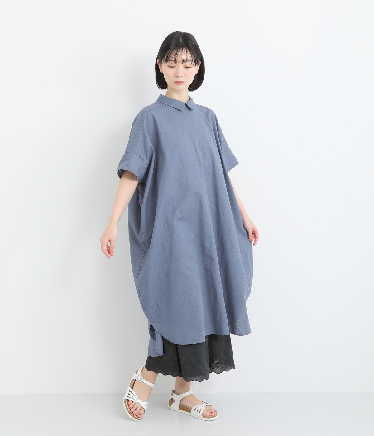 コットンリネンプルオーバーシャツワンピース(ブルー-ONESIZE)