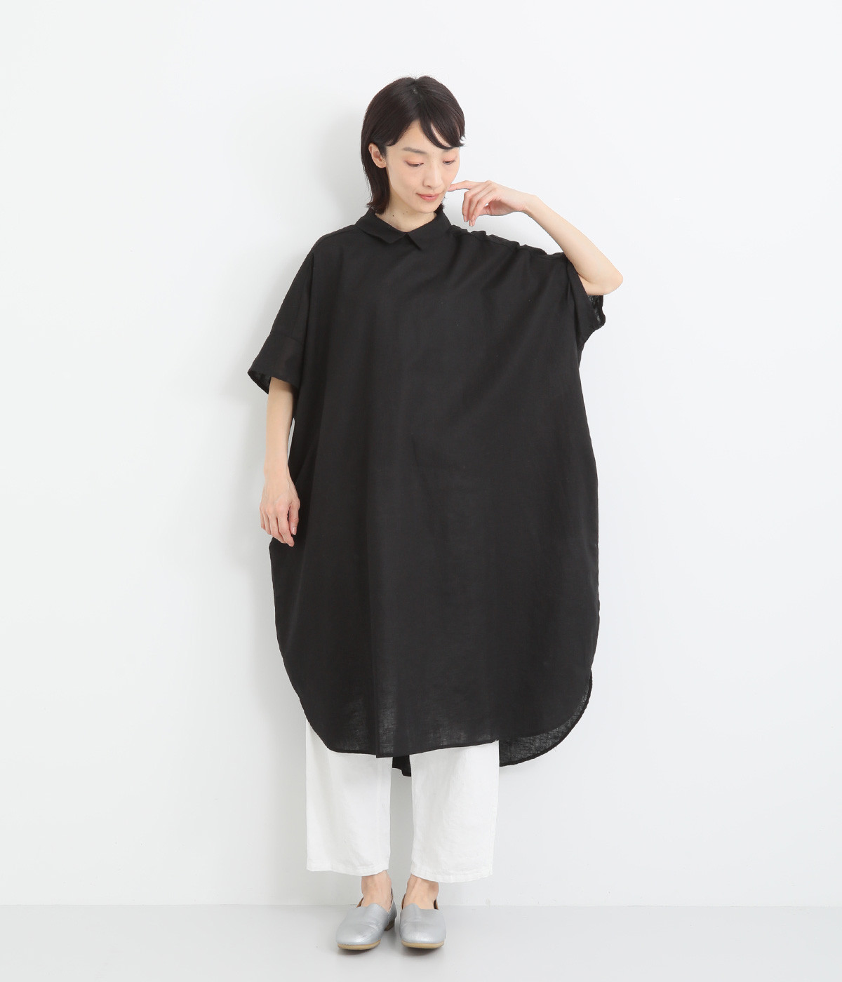 コットンリネンプルオーバーシャツワンピース(ブラック-ONESIZE)