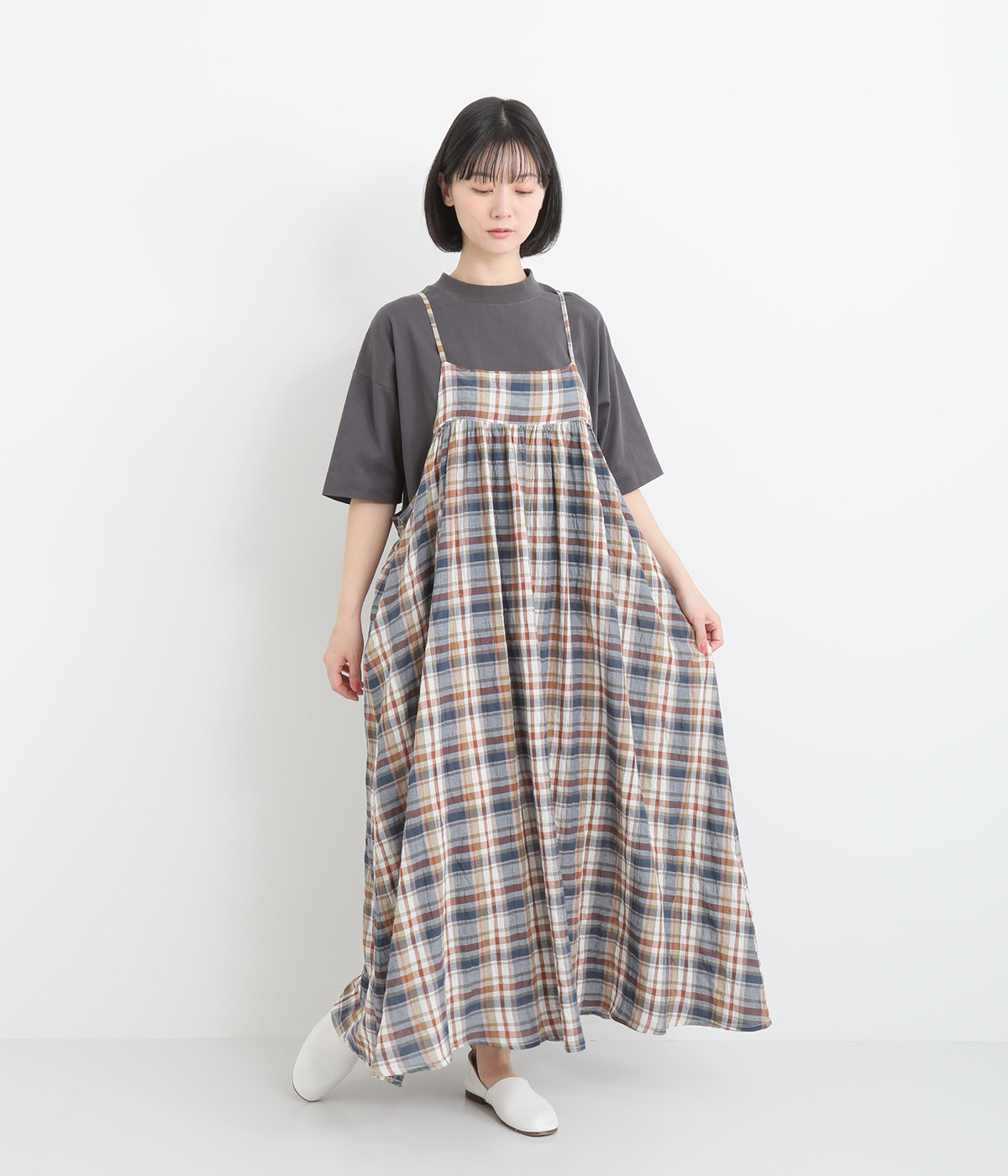 コットンリネンチェック柄キャミワンピース(ブラウンチェック-ONESIZE)