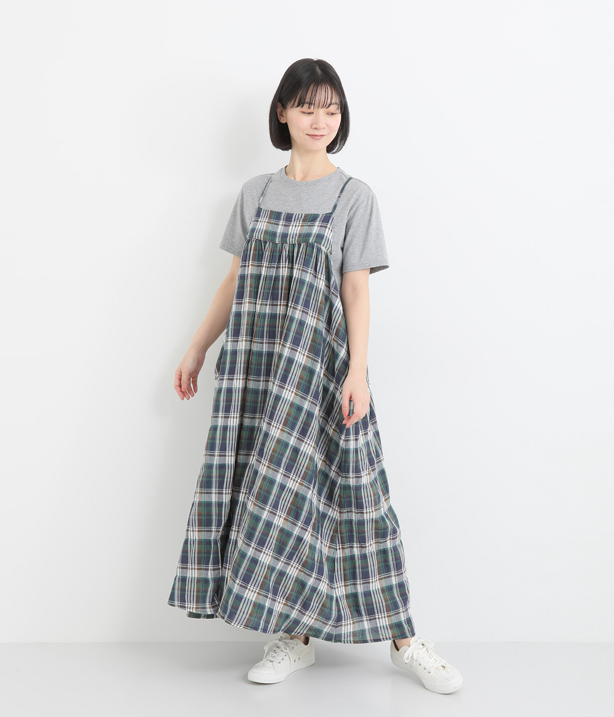 コットンリネンチェック柄キャミワンピース(ネイビーチェック-ONESIZE)