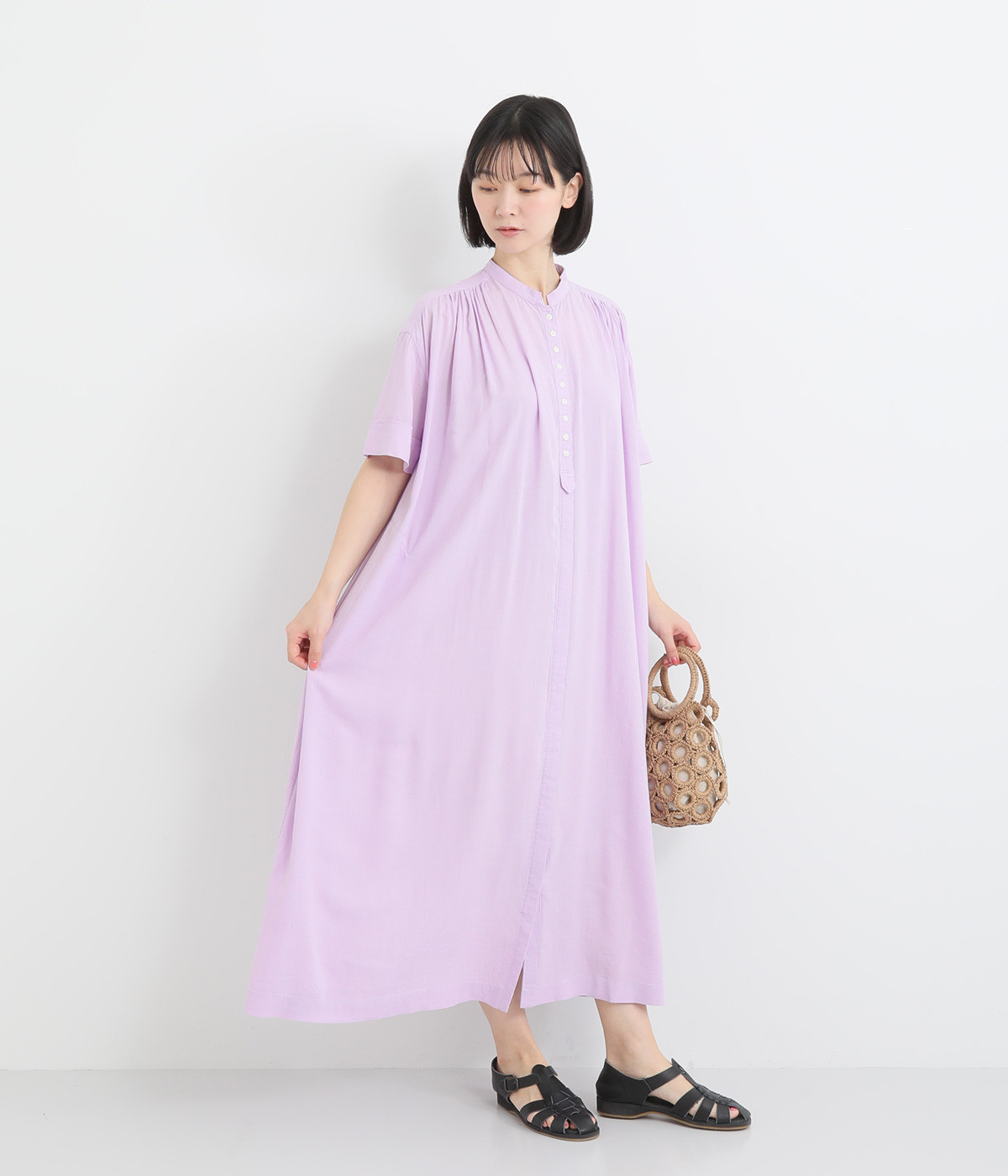 レーヨンリネンボイルギャザーワンピース(ラベンダー-ONESIZE)