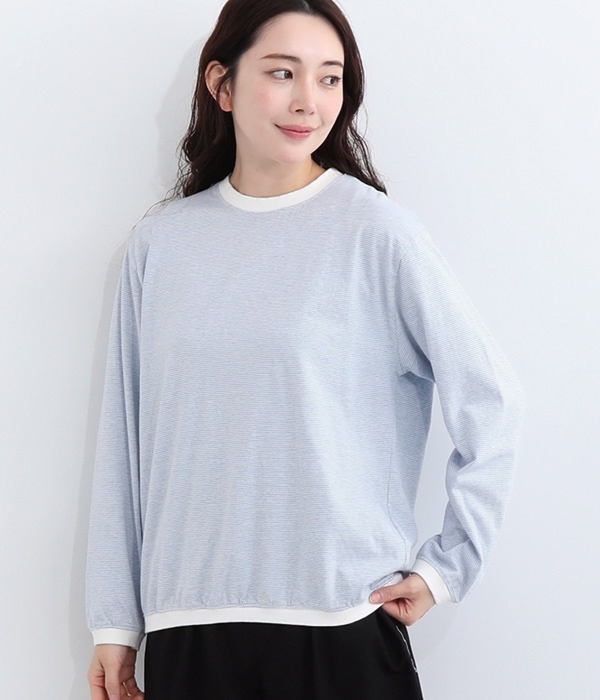 ナロウボーダー　ロングTシャツ(ライトブルー-ONESIZE)