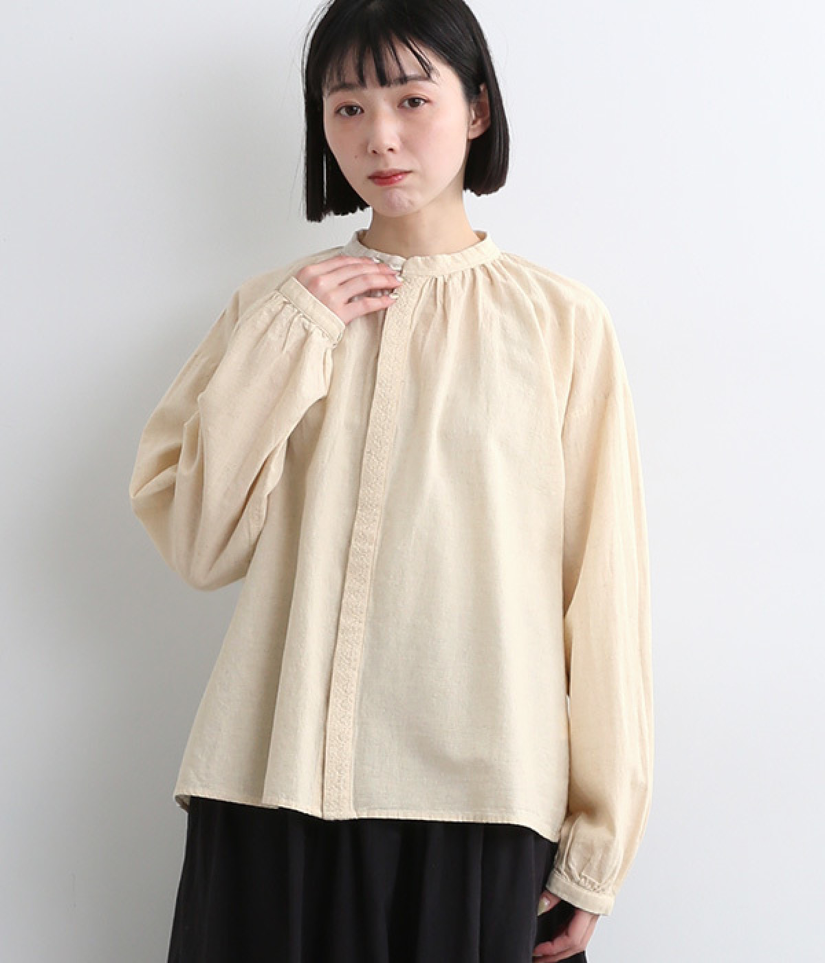 コットンリネンクロス　ステッチデザイン　ブラウス(ナチュラル-ONESIZE)