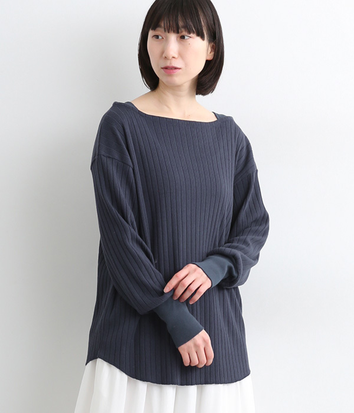 ランダムリブボアワンウォッシュTネックプルオーバー(ネイビー-ONESIZE)
