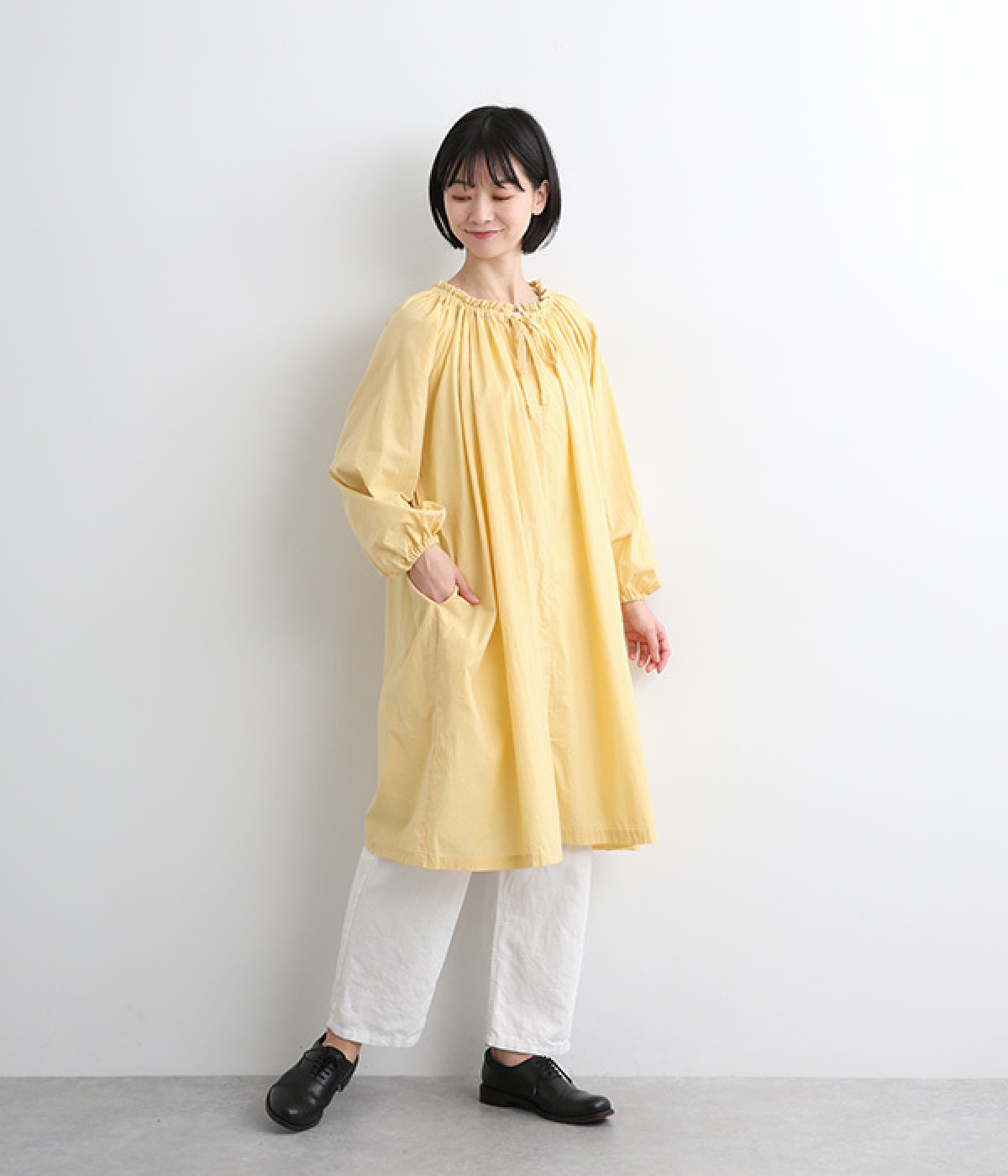 コットンスラブワンウォッシュダイローンチュニックワンピース(イエロー-ONESIZE)