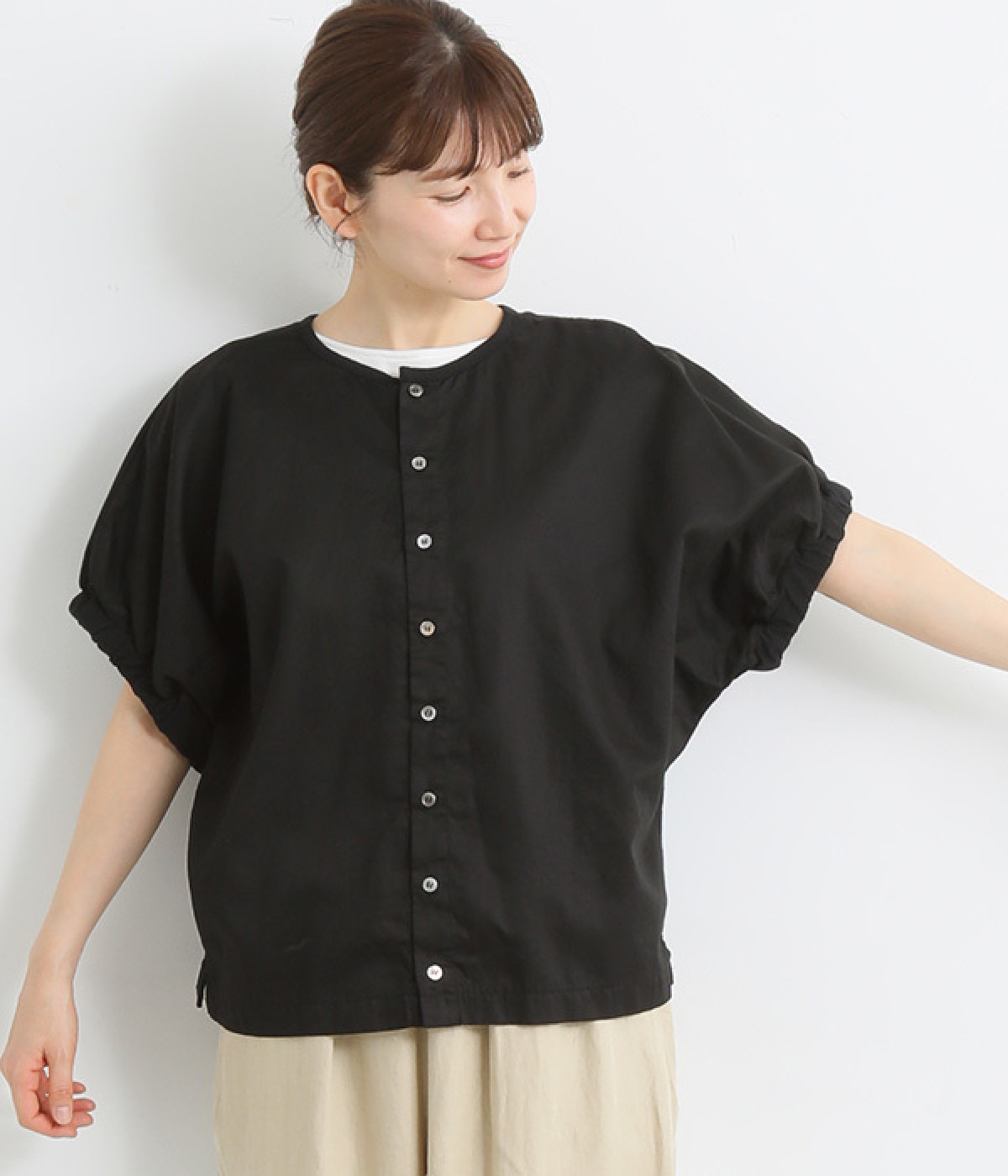 天竺×コットンサテンワンウォッシュ2wayコンビネーションプルオーバー(ブラック-ONESIZE)