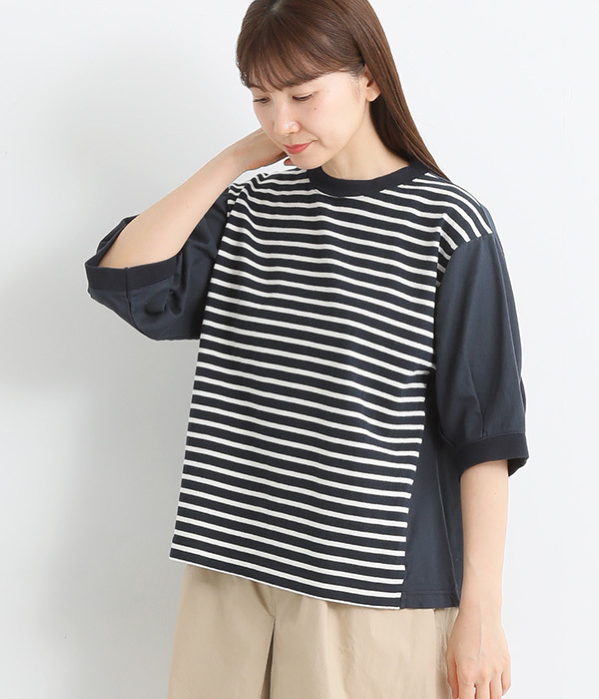 先染め天竺ボーダー×綾織りワンウォッシュコンビネーションプルオーバー(ネイビー×オフホワイト-ONESIZE)