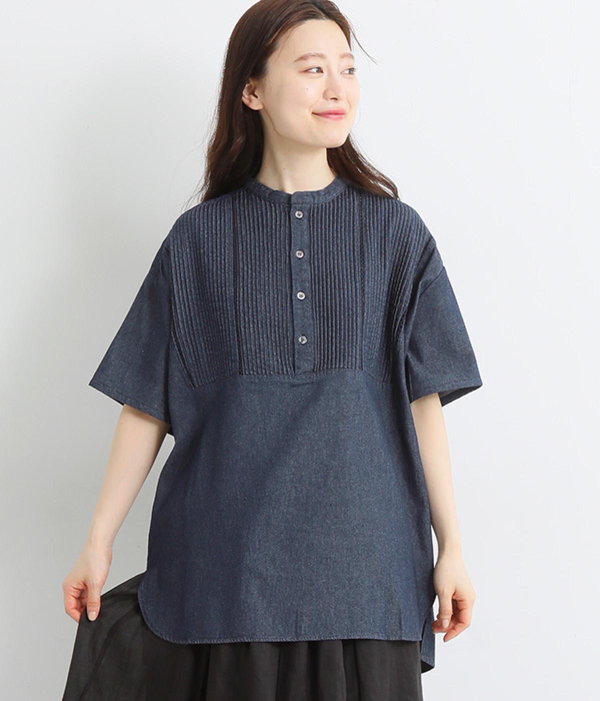 コットンリネン5.5ozデニムピンタックシャツ(インディゴ-ONESIZE)