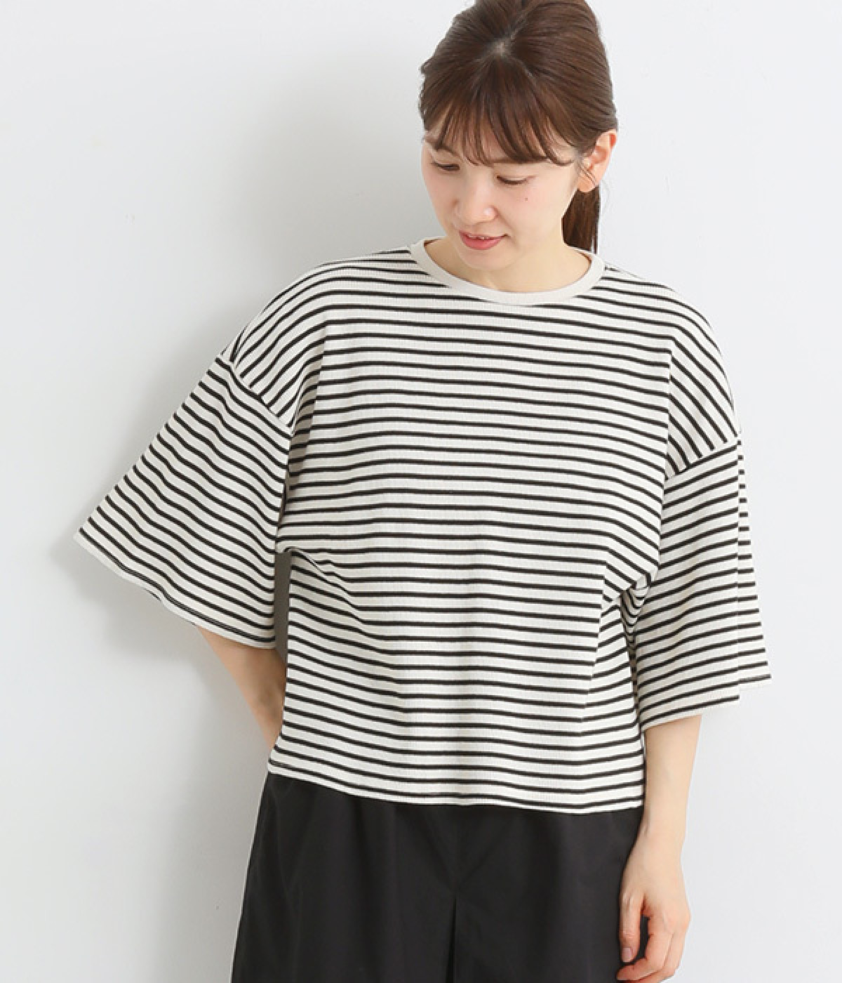 ワッフルボーダーワイドスリーブプルオーバー(オフホワイト×ナチュラル-ONESIZE)