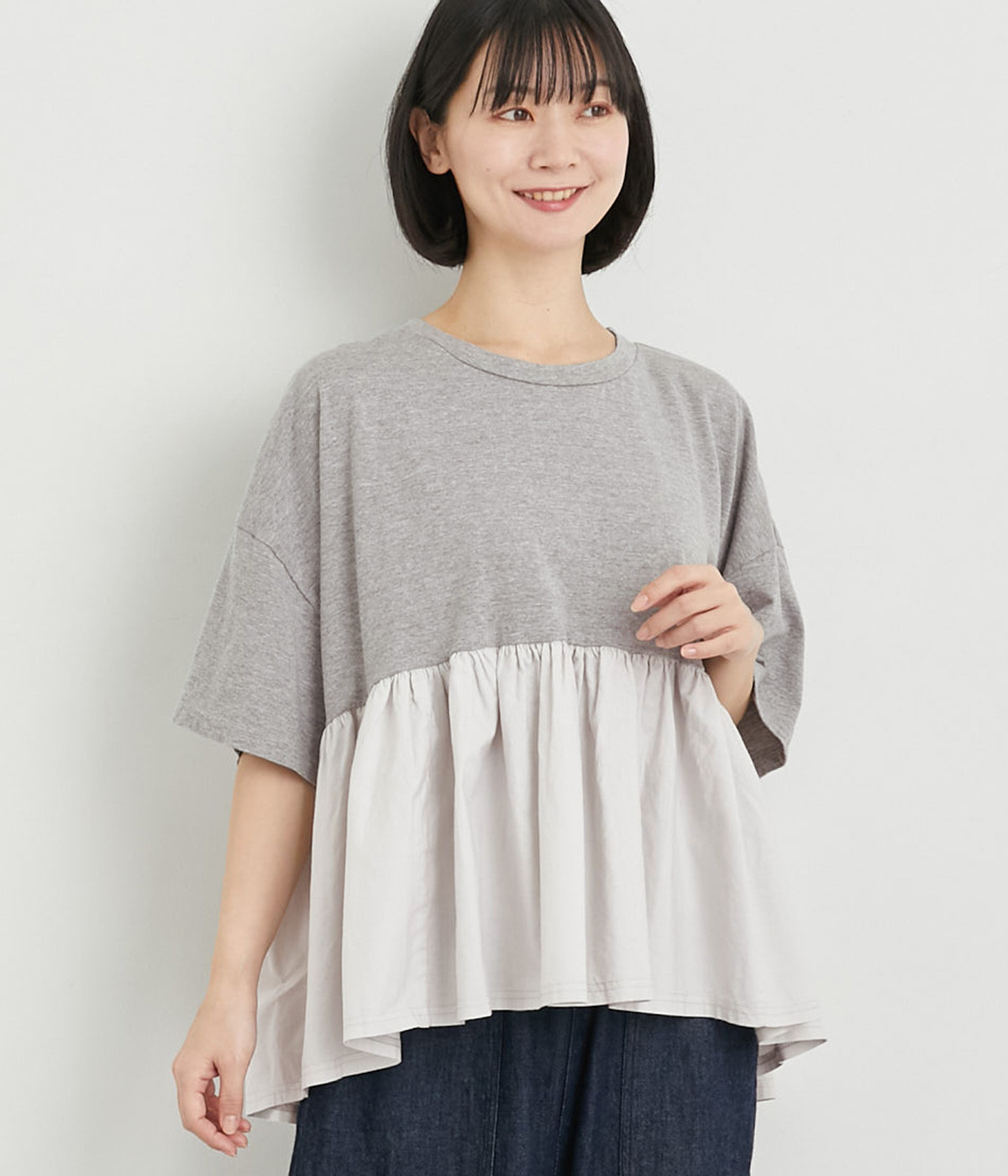 コットンワンウォッシュジャージコンビネーションギャザープルオーバー(グレー-ONESIZE)
