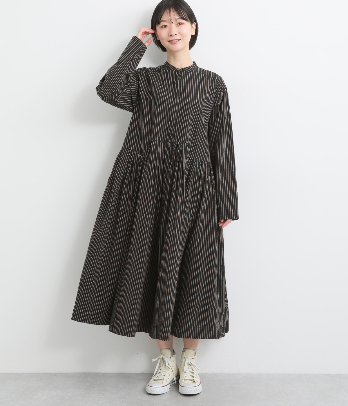 RUSTIC　バンドカラーギャザーワンピース(ブラックストライプ-ONESIZE)