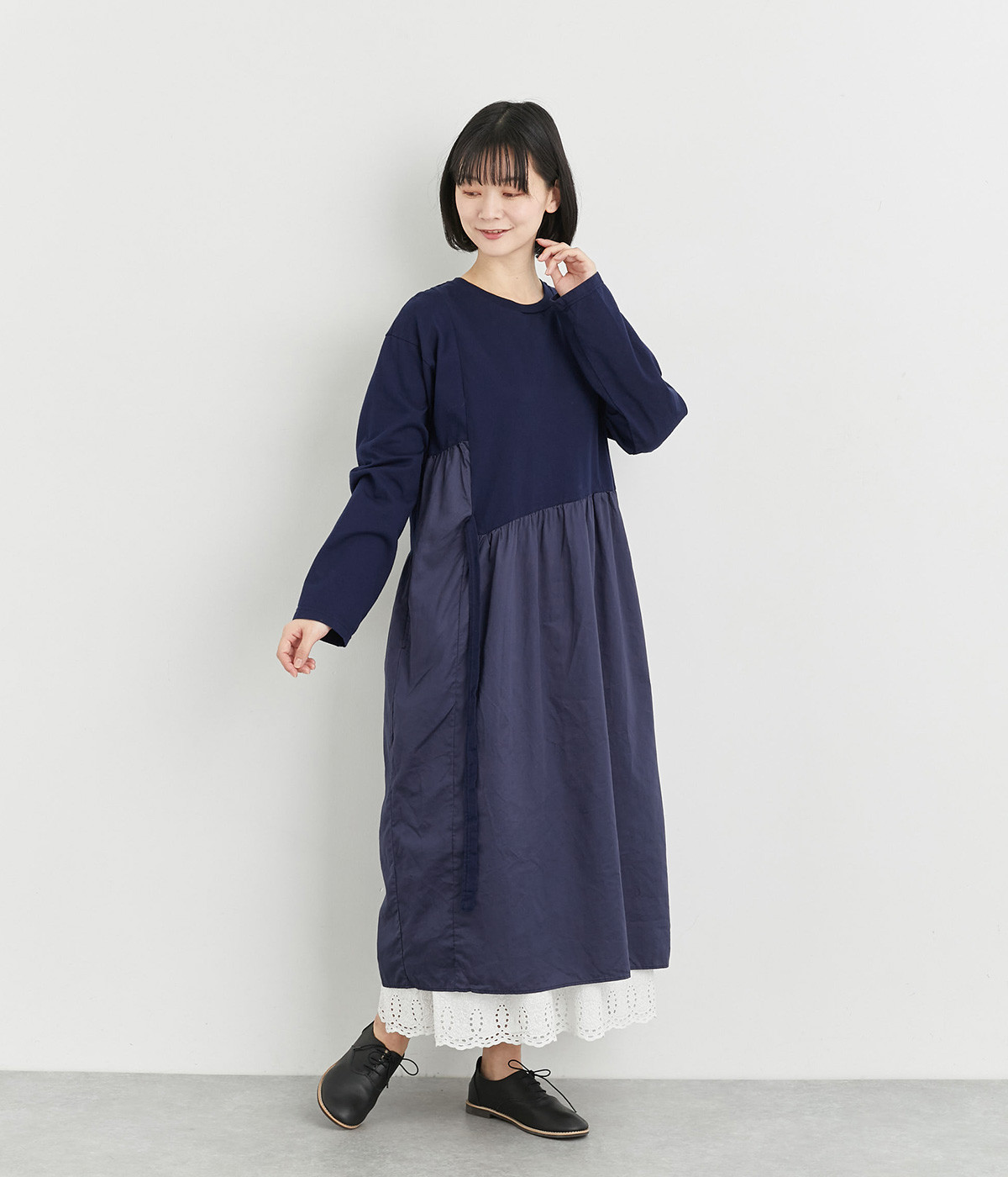 天竺×コットンサテンワンウォッシュコンビネーションワンピース(ブルー-ONESIZE)