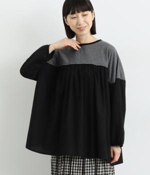 コットン天竺ワンウォッシュジャージ＆ソフトローンコンビネーションプルオーバー(グレー/ブラック-F)