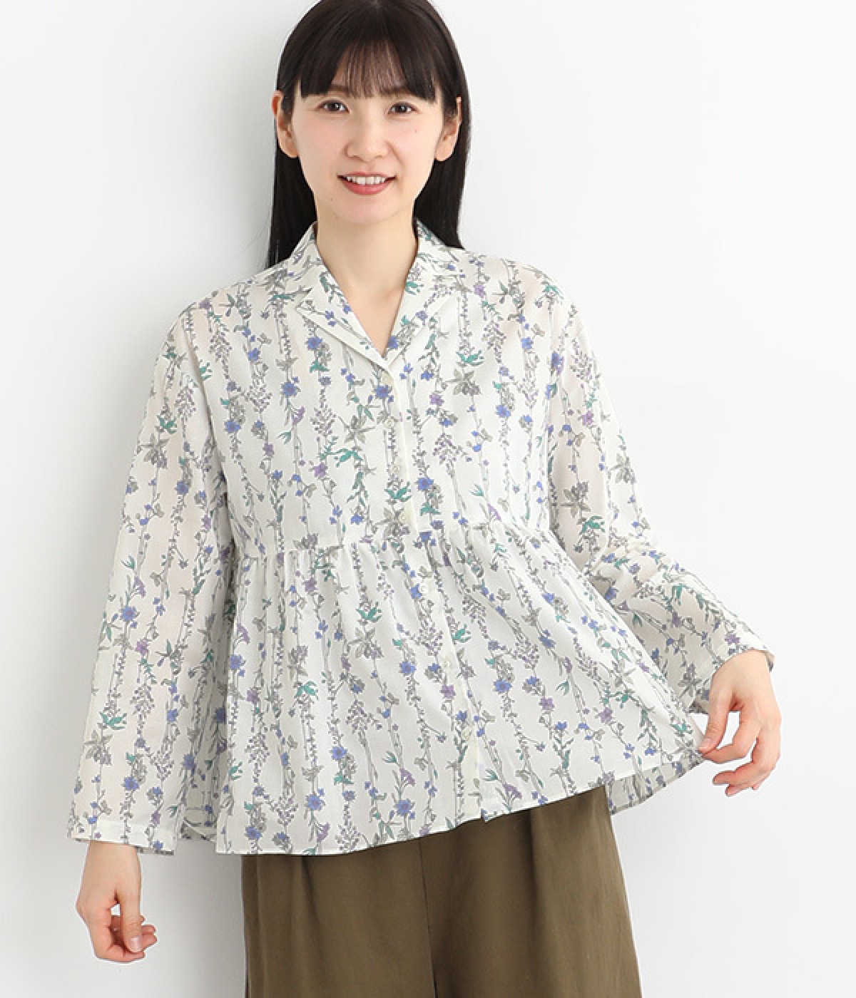 コットンローン花ストライプ開襟ペプラム切替ブラウス(ブルー系-ONESIZE)