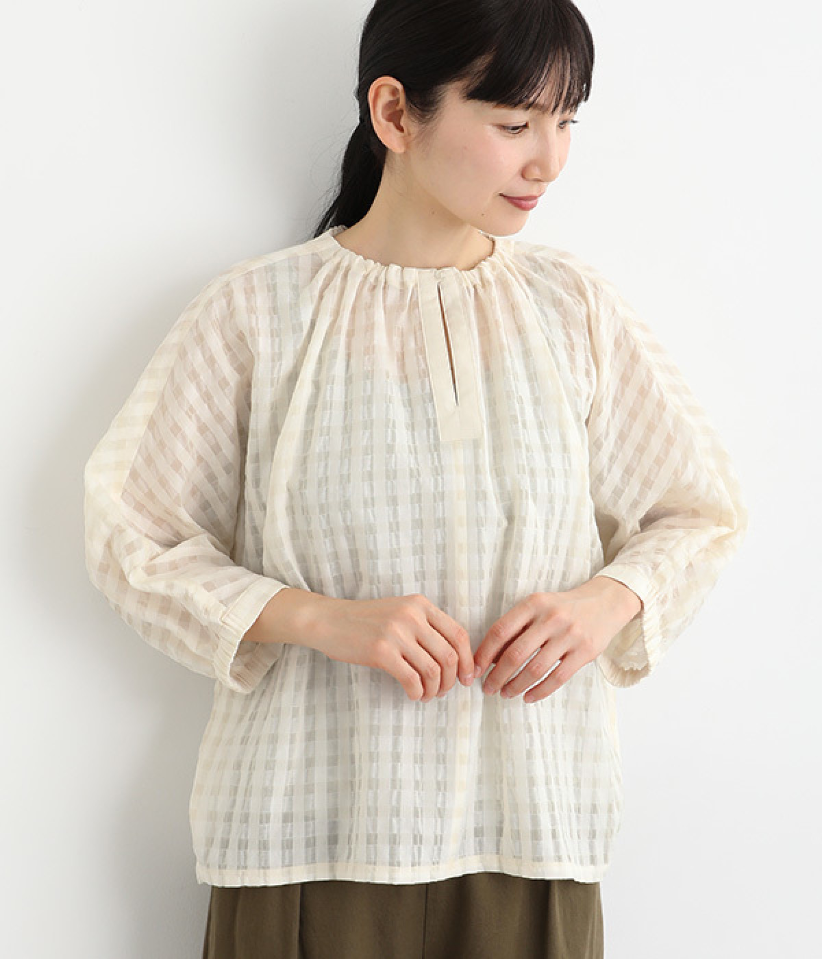 シズルギンガムチェック8分袖ドルマンプルオーバー(アイボリー-ONESIZE)