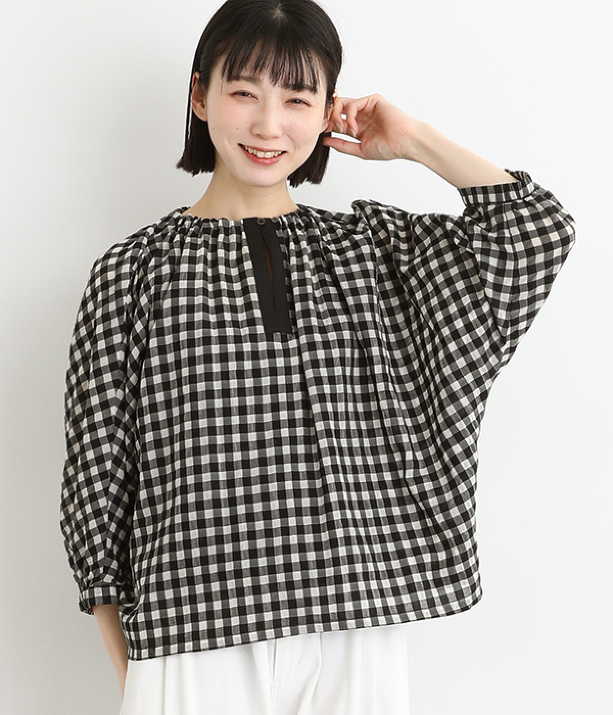シズルギンガムチェック8分袖ドルマンプルオーバー(ブラック-ONESIZE)