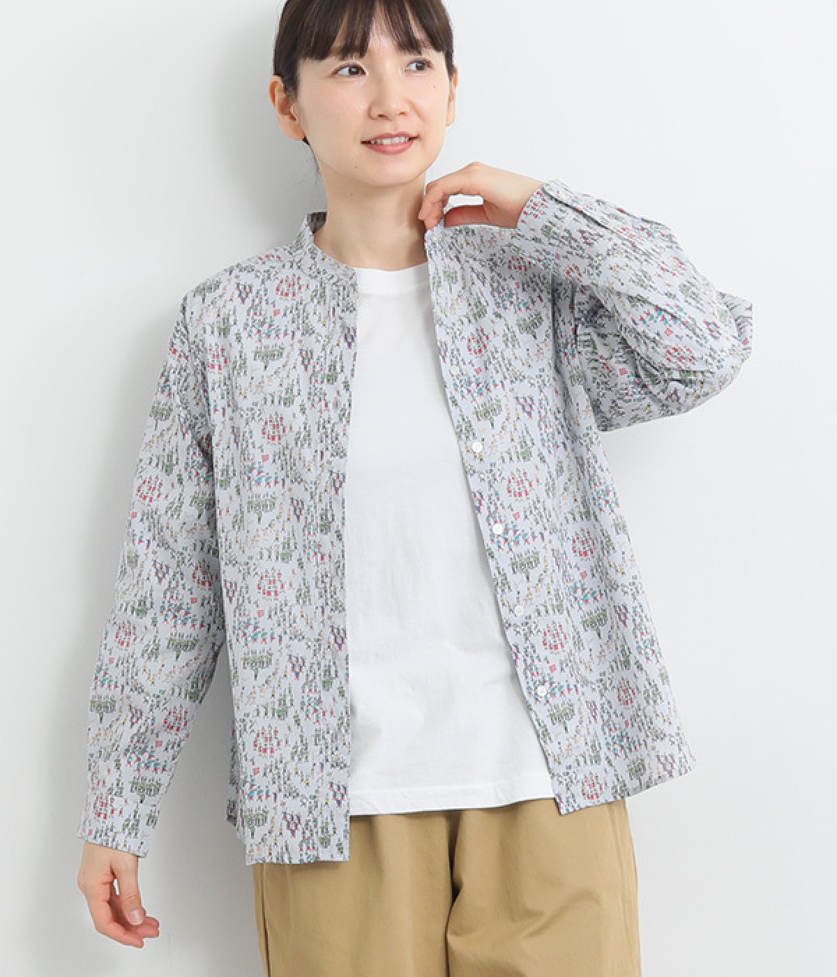 コットンローンパレード柄バンドカラードロップショルダーシャツ(グレー-ONESIZE)